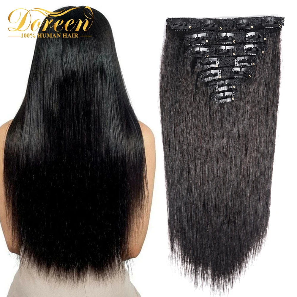 Doreen Full Head Brazilian Machine Remy Clip in Hair Extensions Human Hair 100% Real Natural Hairpiece Clips On 120G 14 To 22