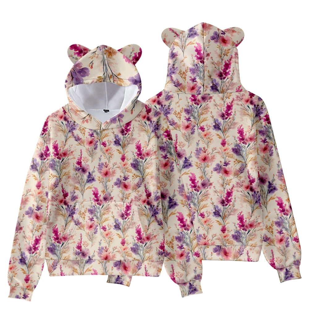 Damen-Sweatshirt mit süßem Katzenohren-Kapuzenpullover, 3D-buntes Blumendruck-Sweatshirt, Kawaii-Vogel-Design, böhmischer locker sitzender Pullover, warmes Kapuzenoberteil – Detail 14