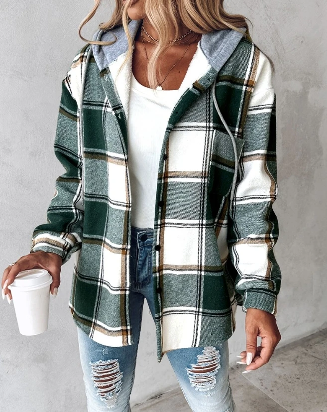 

Trendy Women Long Sleeve Classic Plaid Print Buttoned Hooded Shacket Coat Hooded Shirt Jacket Fall Winter Outerwear