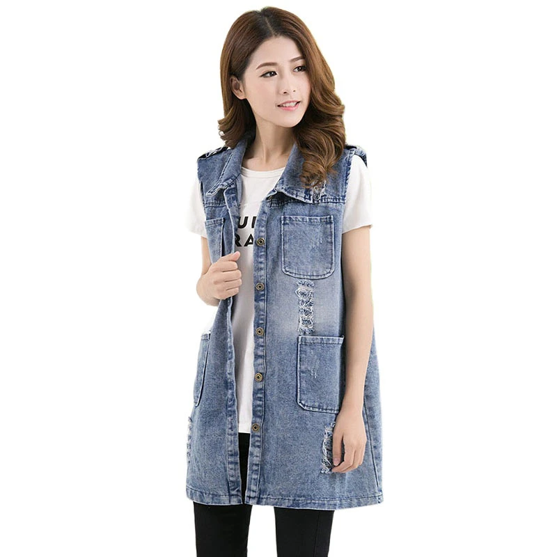 Spring Fall 2022 New Fashion Mid-Length Denim Jacket Vests Women Sleeveless Hole Jeans Waistcoat Casual Vest Outerwear Plus Size long down puffer coat