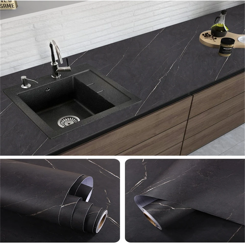 60/80cm Width Thickening Matte Black Marble Wallpaper Contact Paper PVC Self Adhesive Kitchen Countertop Oil-proof  Wall Sticker black touch filter kitchen faucets 3 ways drinking pure water faucet hot cold pull out kitchen mixer tap sensor kitchen faucet