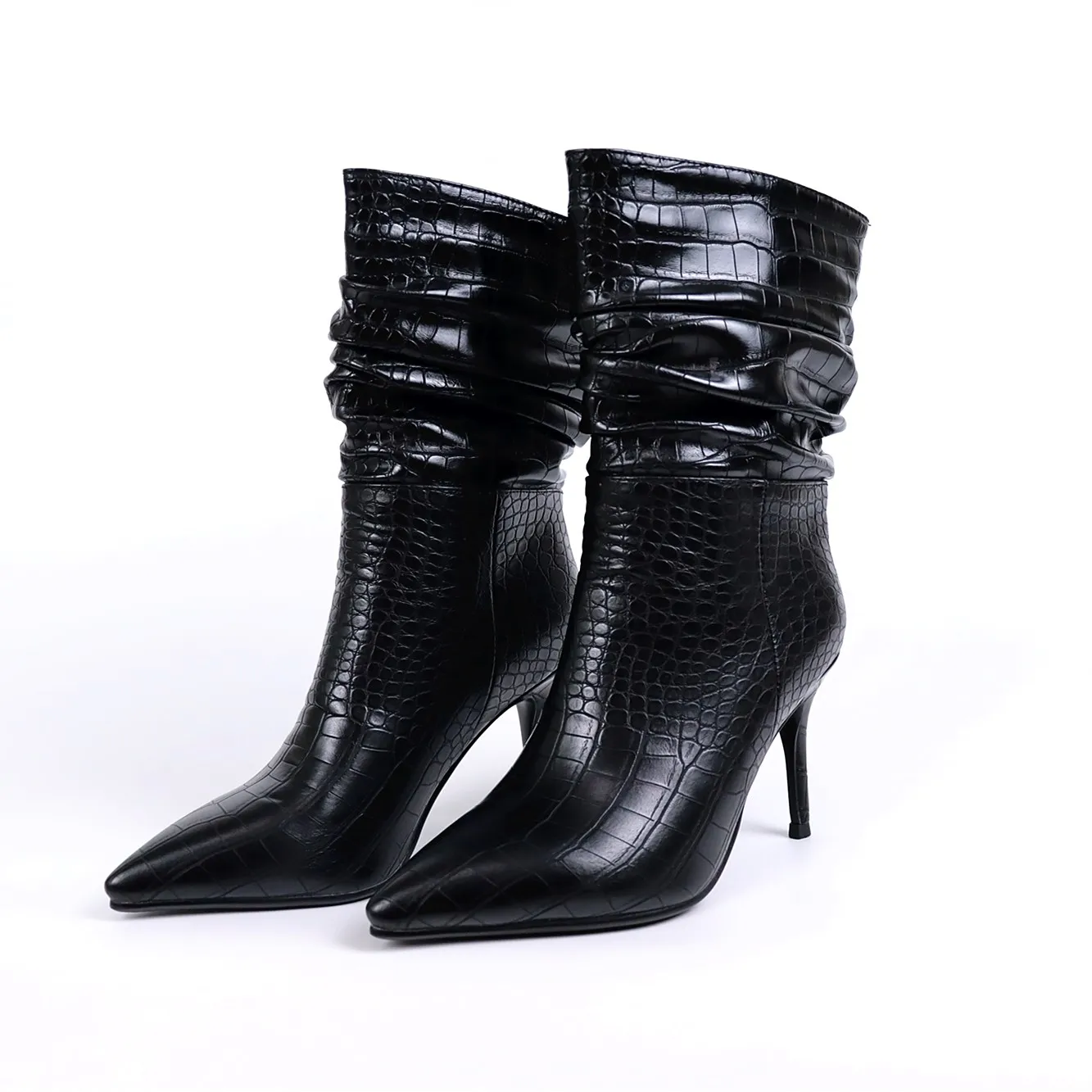 

British Style Crocodile Pleated Booties Knight Boots Pointed Heel Zip Plus Size Women's Medium Boots Chelsea Boots Sneakers