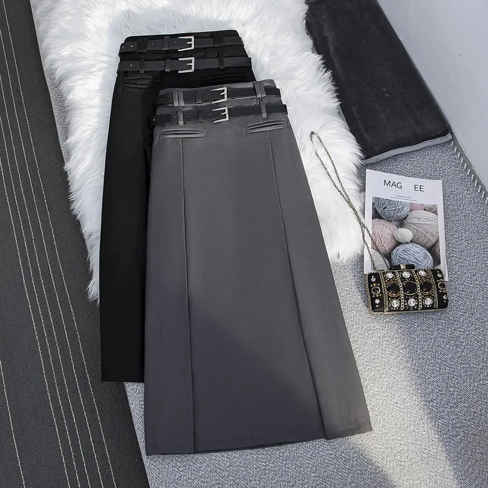 

British High Waist Pleated Solid A-Line Skirt With Belt Women'S Long Skirt Black Clothes Outerwear Autumn Fashion Students Y2k