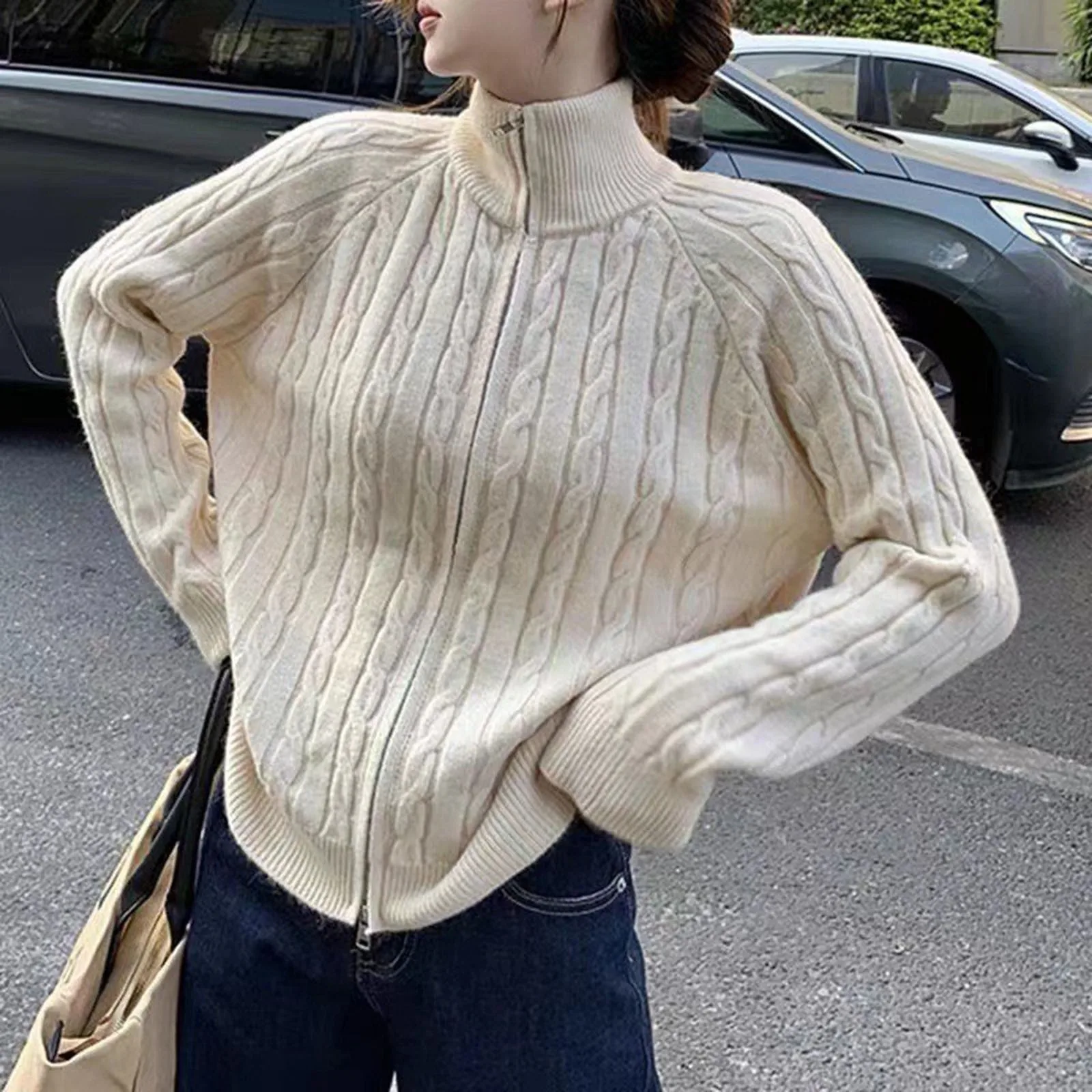 

Womens Long Sleeve Zipper Cable Knit Coat Solid Color Sweater Cardigan Female clothing Single Breasted korean style clothes