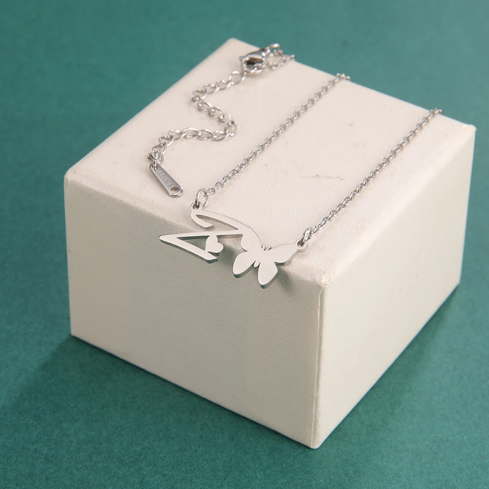 Amaxer for Women Girl Sweet Butterfly Alphabet Necklace A-Z Initial Letter Name Stainless Steel Gold Silver Color Jewelry Gift_voghion.com