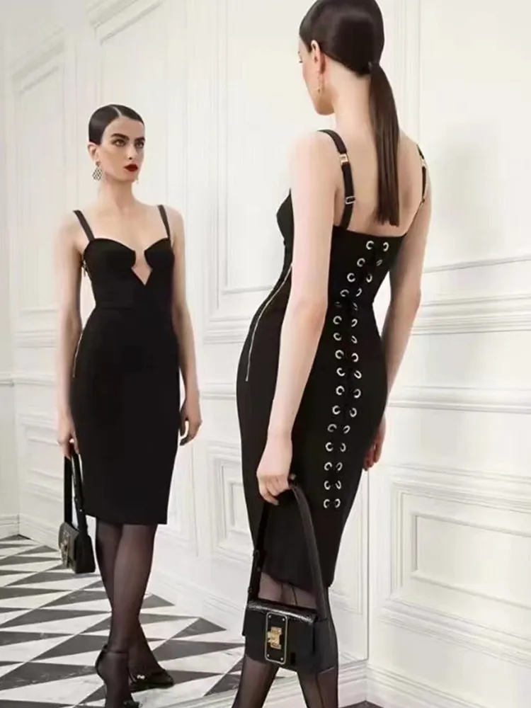 

New Hot Sale Women Summer Luxury Sexy V Neck Laced Black Red Midi Bodycon Bandage Dress 2023 Elegant Evening Club Party Dress