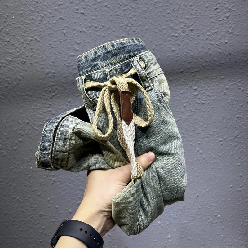 Nostalgic Ripped Middle Pants Denim Shorts Men's Summer Retro Street Trendy Elastic Waist Stretch Distressed Cropped Pants