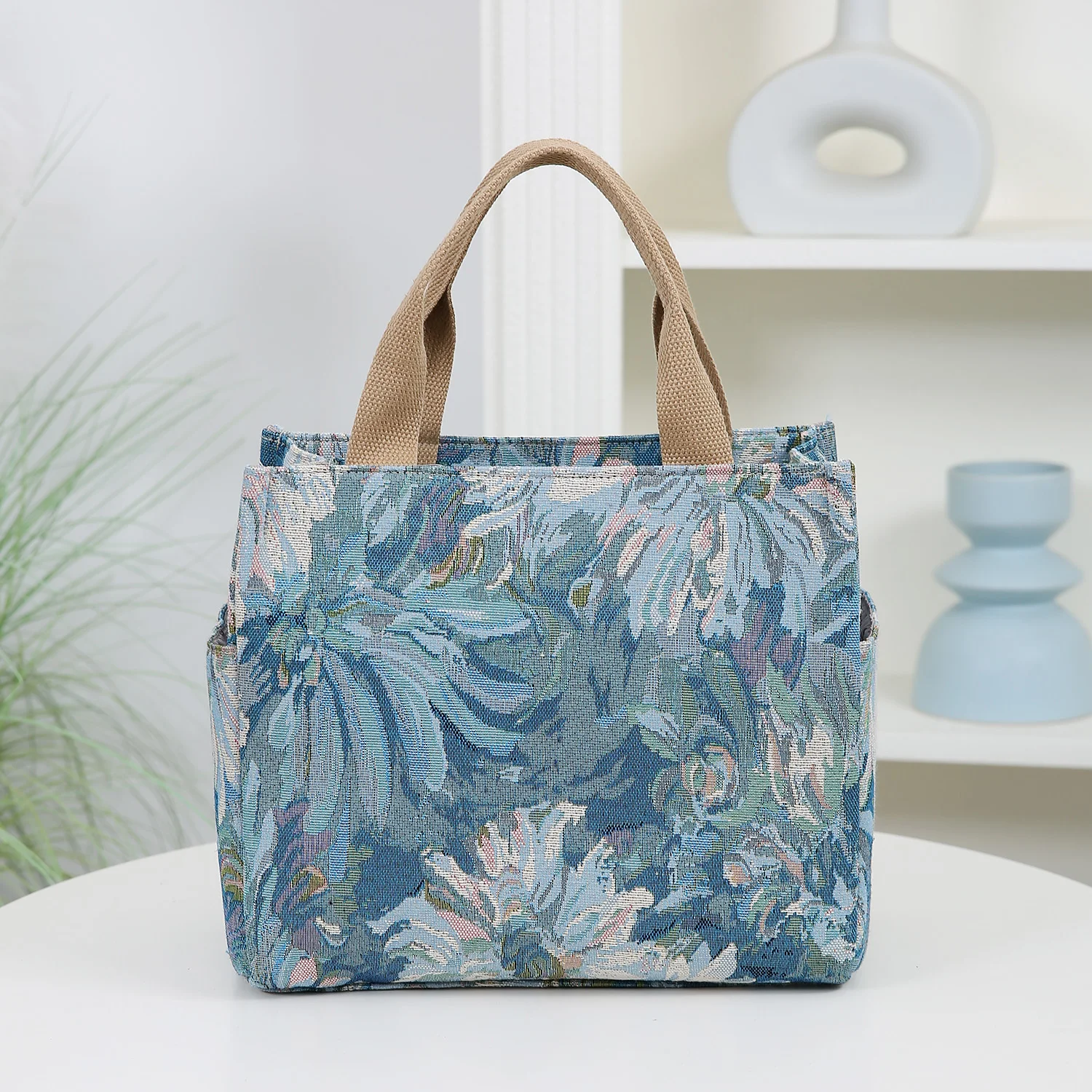 Neue große, dickere Stoffhandtasche, Tragetasche, Einkaufstasche, Allzwecktasche, Lunchbox-Tasche, Bento-Tasche, Blumenmuster – Detail 5