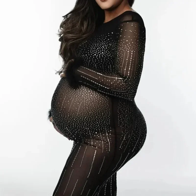 

Maternity Party Sexy Shiny Long Dress Perspective Sheer Diamond Pregnant Women's Wear Studio Photography Prop