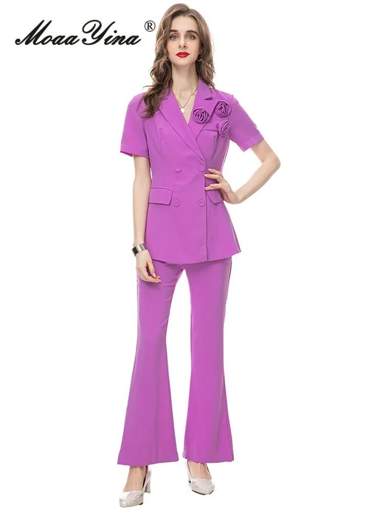

MoaaYina 2024 Summer Runway Fashion Pants Suits Women's Short sleeve Double breaste Coat and High waist Full Pants Two Piece Set