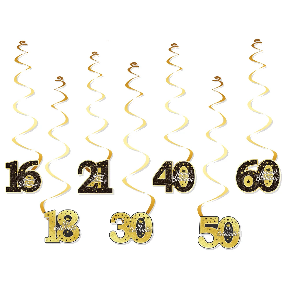 6 Stück 16. 18. 21. 30. 40. 50. 60. 60. Schwarzgold Geburtstagsparty Deckenspirale Hängegirlande Dekorationszubehör