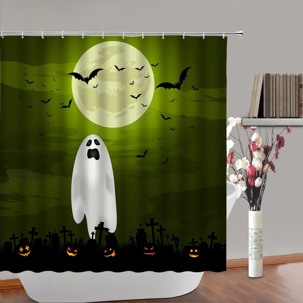 

Halloween Shower Curtain Scary Ghost on Tree Pumpkin Lantern Haunted House Bathroom Waterproof Fabric with Hooks Bath Curtains