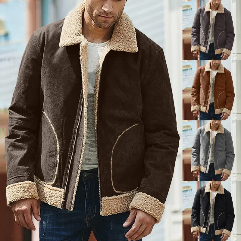 Wool Coat Men Winter Vintage Thicken Warm Lapel Collar Long Sleeve Padded Leather Jackets Zipper Pocket Long Sleeve Loose Coats