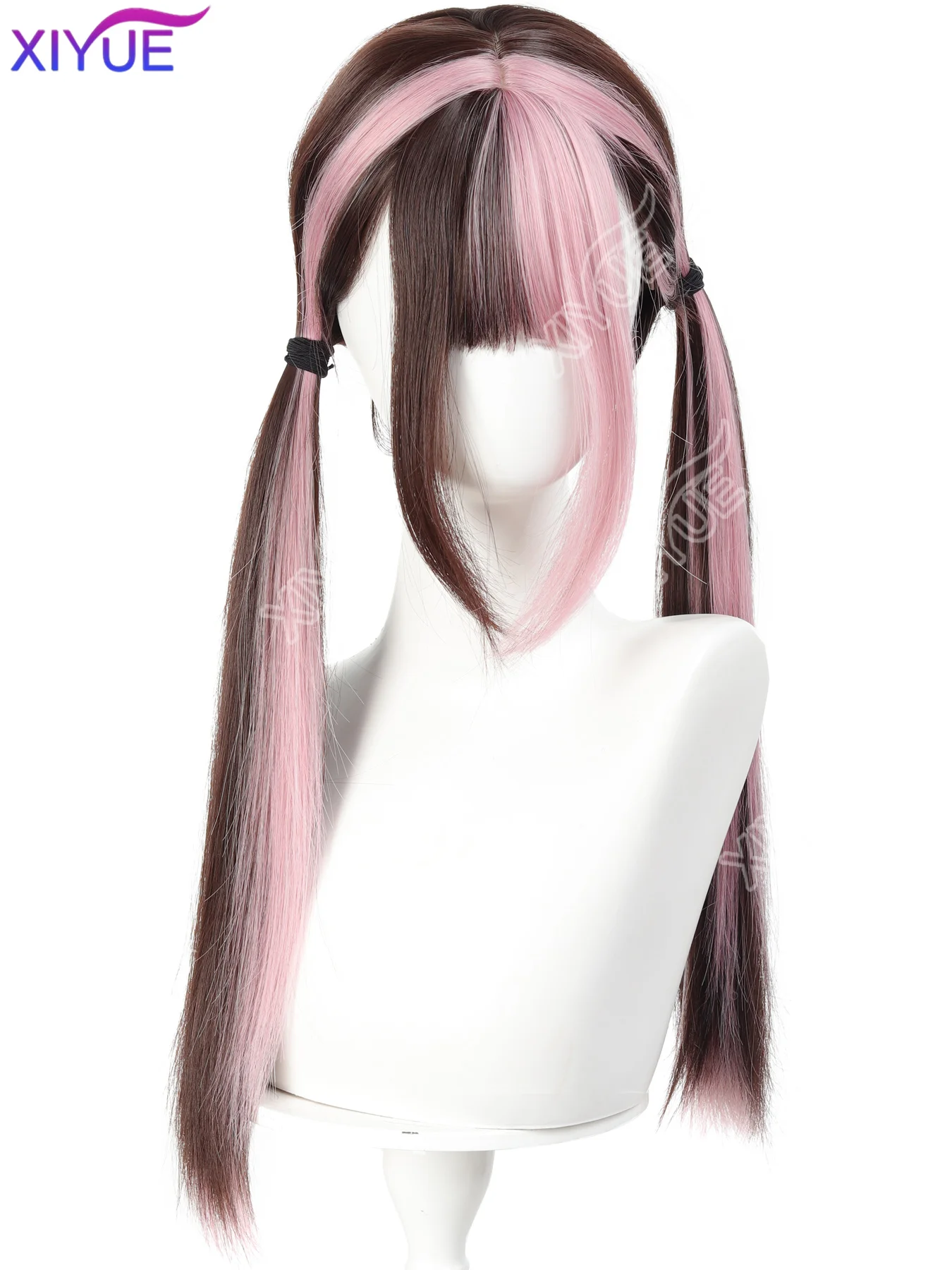 XY Highlight Pink Synthetic Lolita Double Ponytail Wig Straight Hair Wig with Bangs Suitable for Women Halloween Christmas Wear
