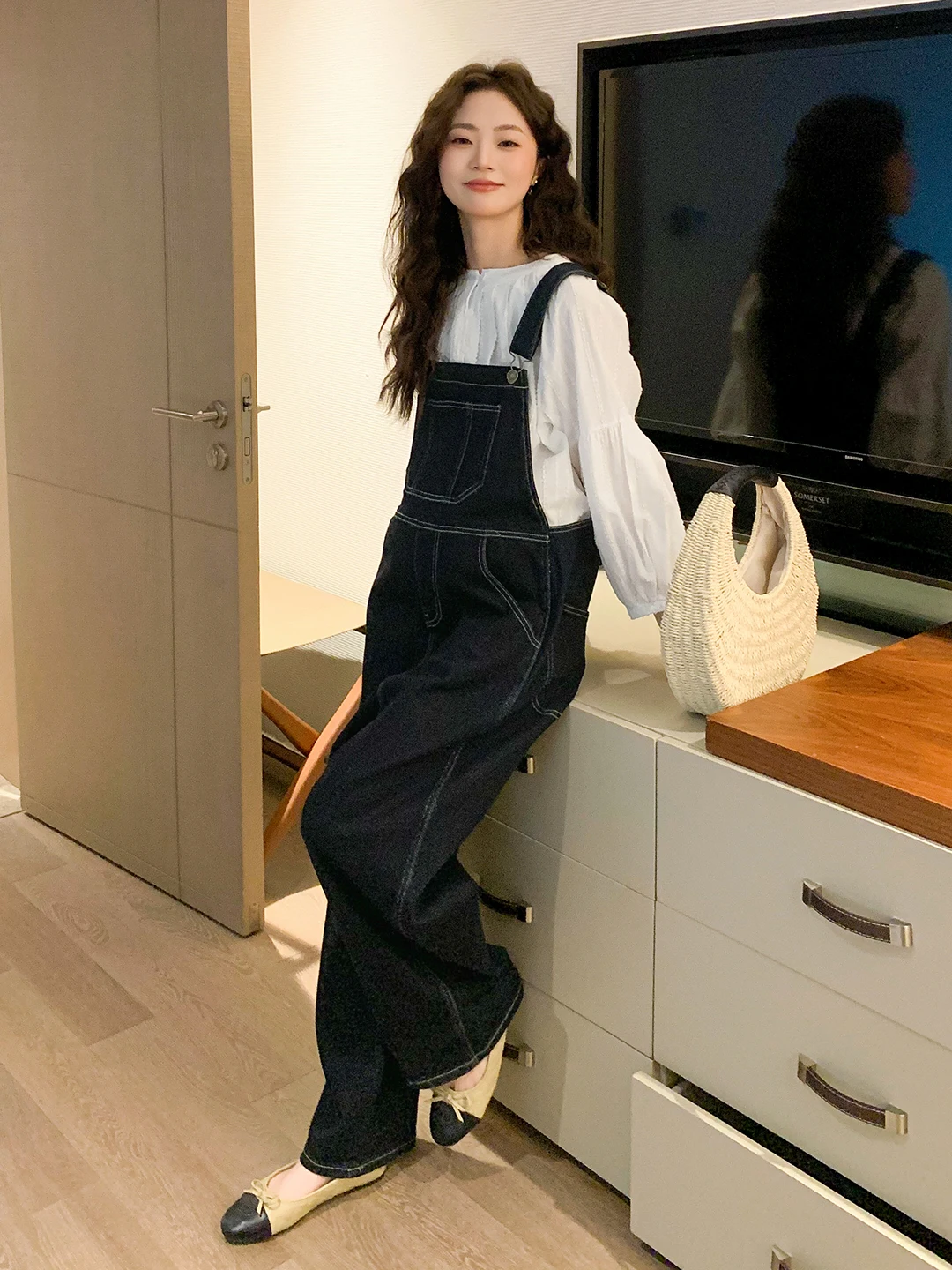 NoChu 출산 데님 오버올 봄 패션 젊은 감각의 와이드 레그 스트레이트 컷 아..