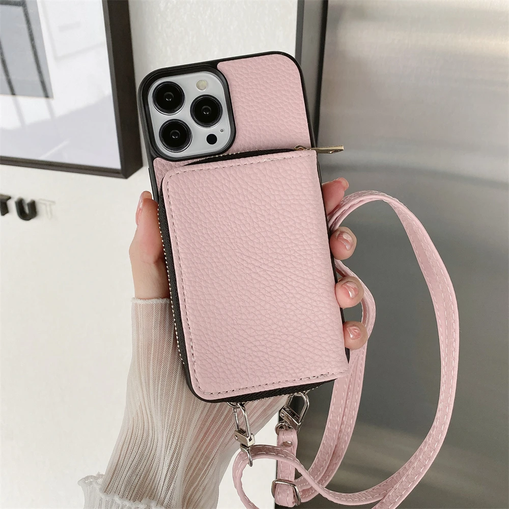 Luxury Geometric Leather Cover For iPhone 15 14 Plus 13 12 Pro Max 11 Card  Holder Crossbody Wallet Lanyard Necklace Chain Case - AliExpress