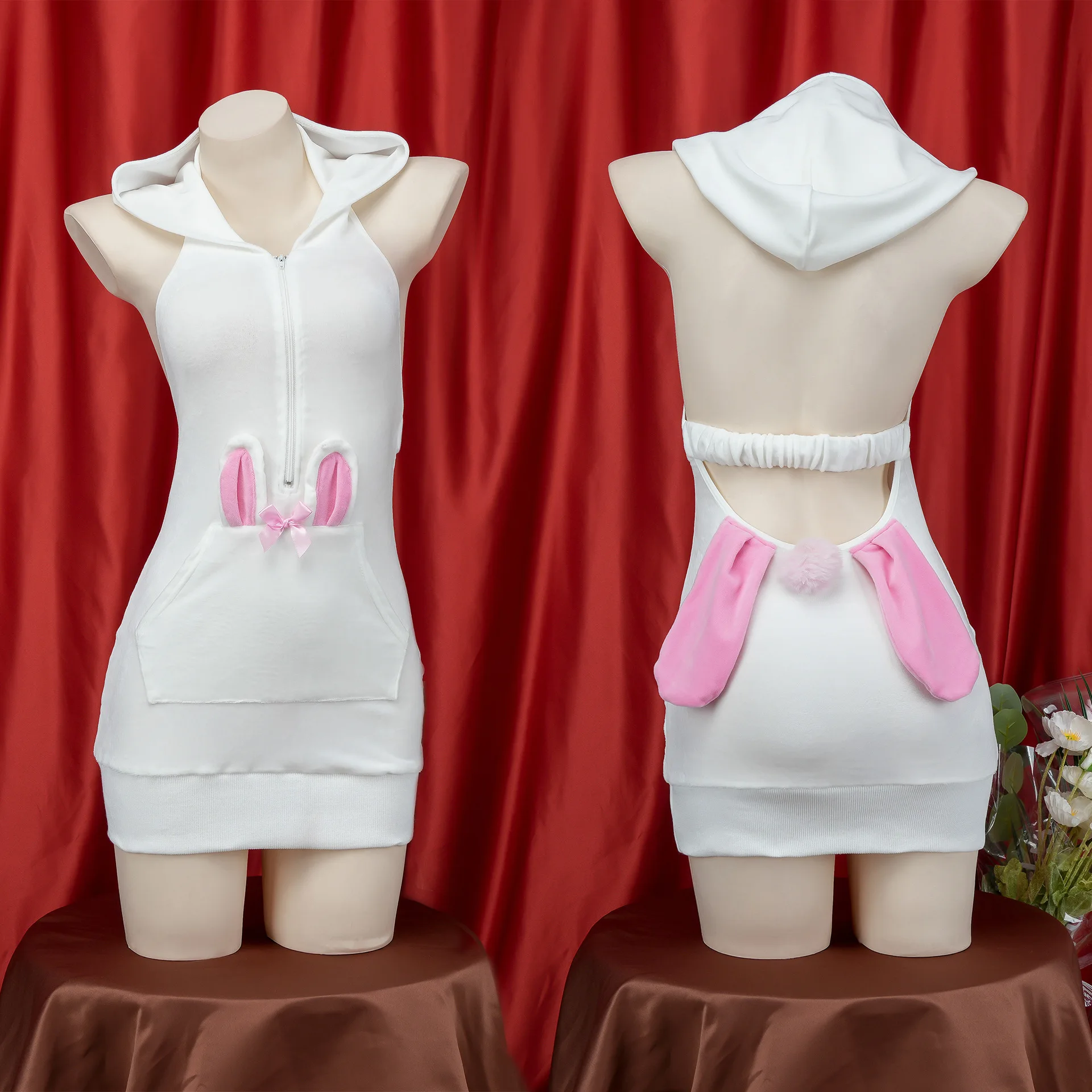 Lolita Girl Cute Rabbit Cosplay Costume Hoodie Dress Hollow Mini