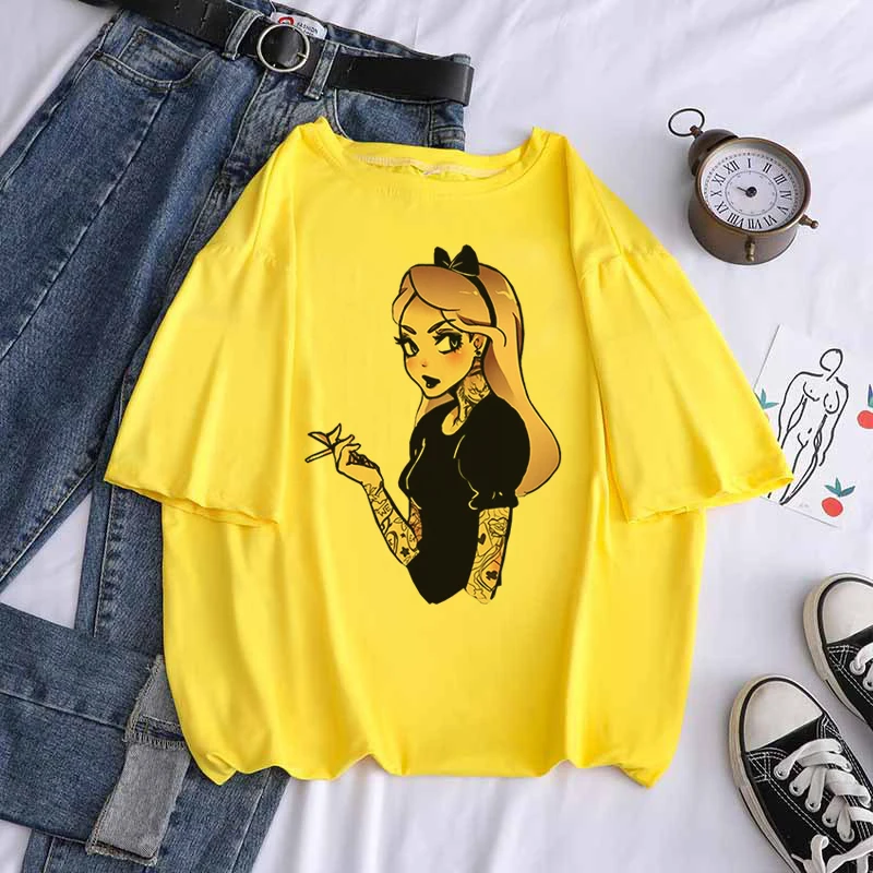 2022 New Alice In Wonderland T Shirts Womens Cotton Tops Black Alice Snow White Print Casual Short Sleeves 90s Fashion Top black t shirt for men