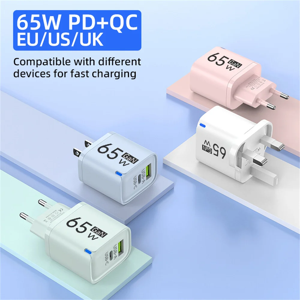 65W GaN Universal USB Fast Charger Quick Charge 3.0 USB A USB C PD Fast Charging Wall Charger Adapter for Cellphones