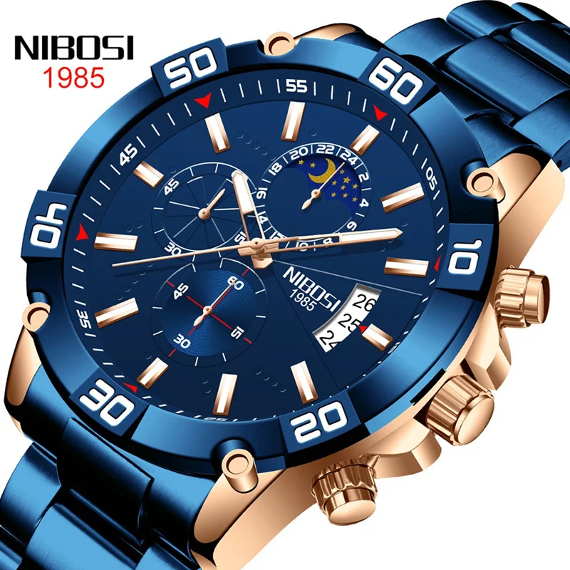 

NIBOSI Fashion Blue Chronograph Quartz Watch for Men Stainless Steel Waterproof Mens Watches Top Brand Luxury Relogio Masculino