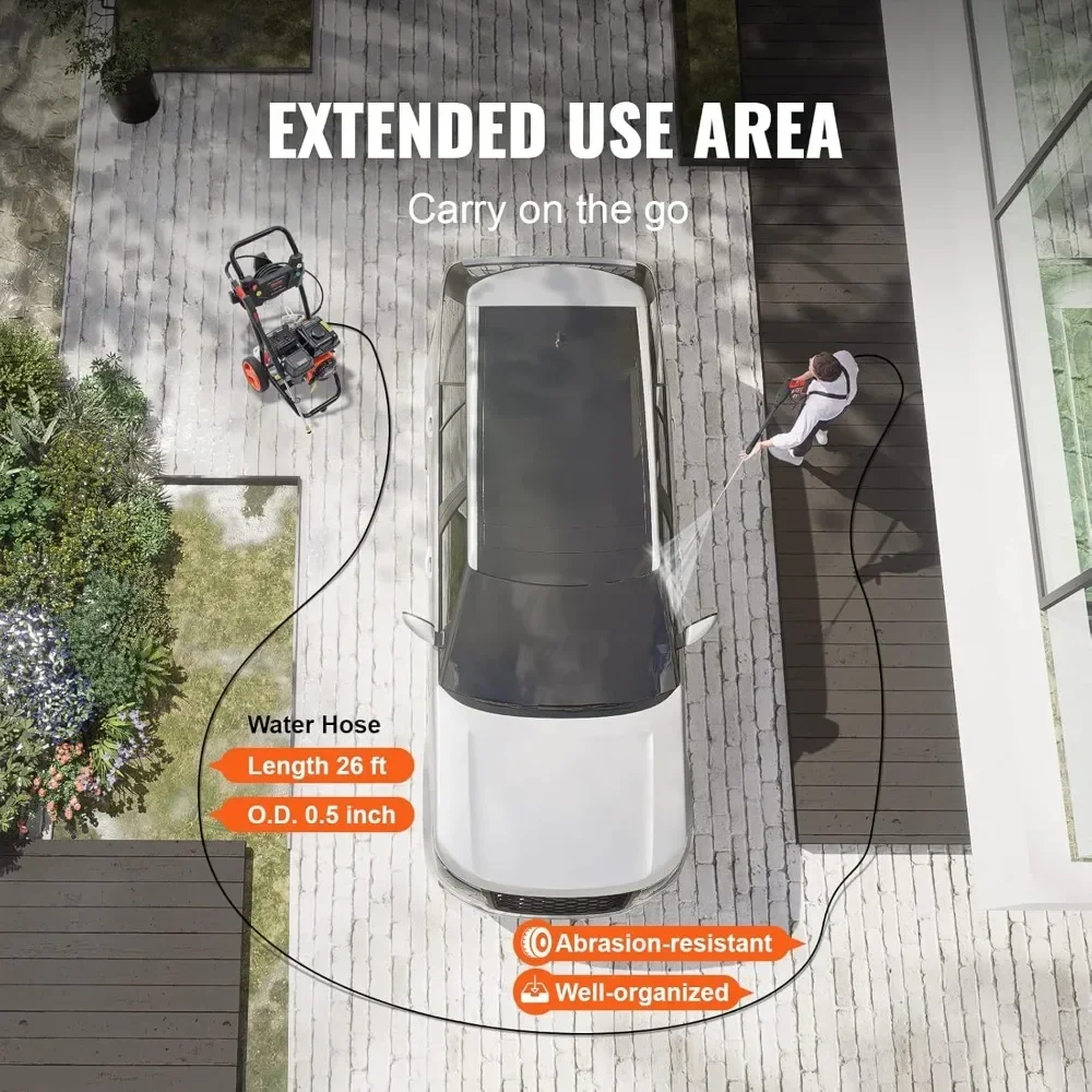 gas powered pressure washer 3400 psi 2.6 gpm, with spray gun and extension wand, 5 quick connect nozzles, copper pump