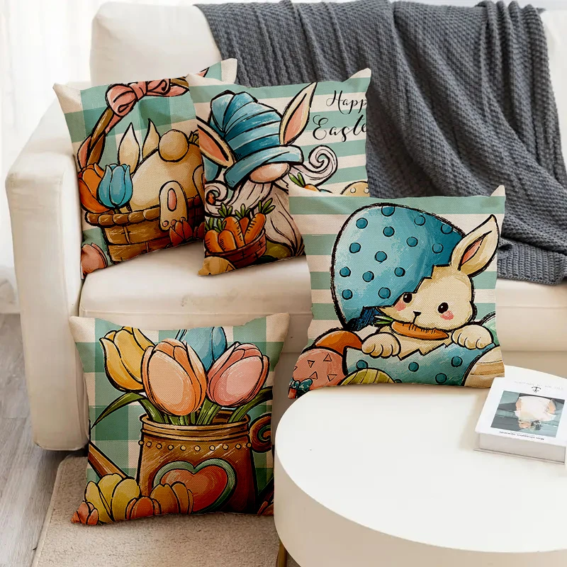 

Cute Cartoon Rabbit Flower Pattern Printed Square Pillowslip Soft Linen Blend Cushion Cover Pillowcase Living Room Home Decor