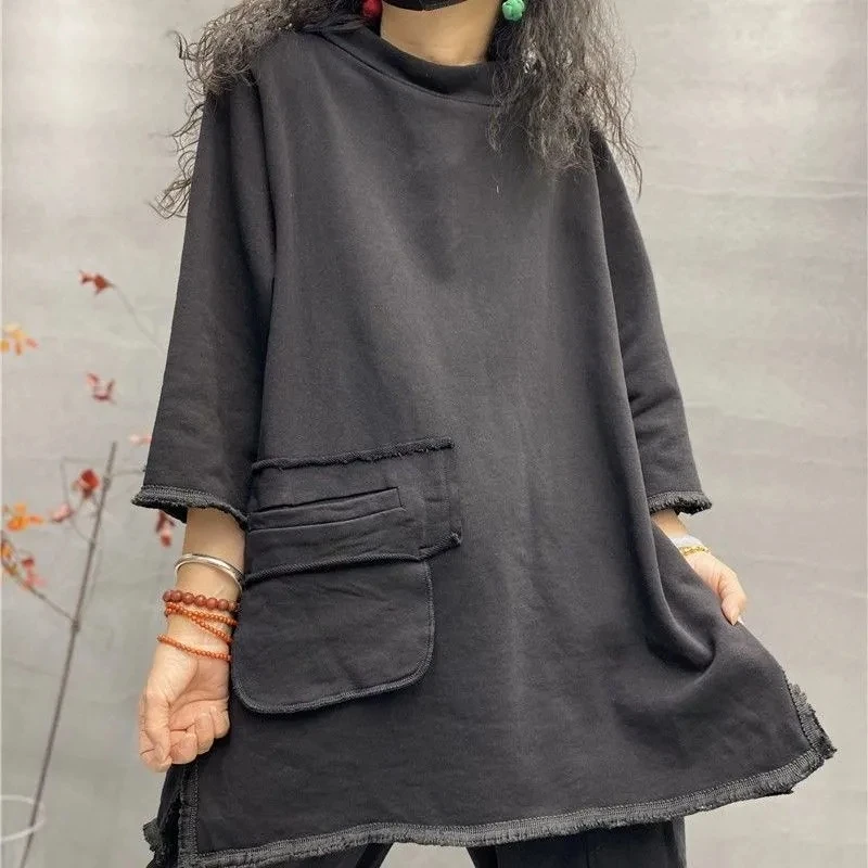 

Black Khaki Sweater Hoodie Women's Spring Autumn Outerwear Pullover 2024 New Fashion Loose Joker Retro Old Casual Coat Tops