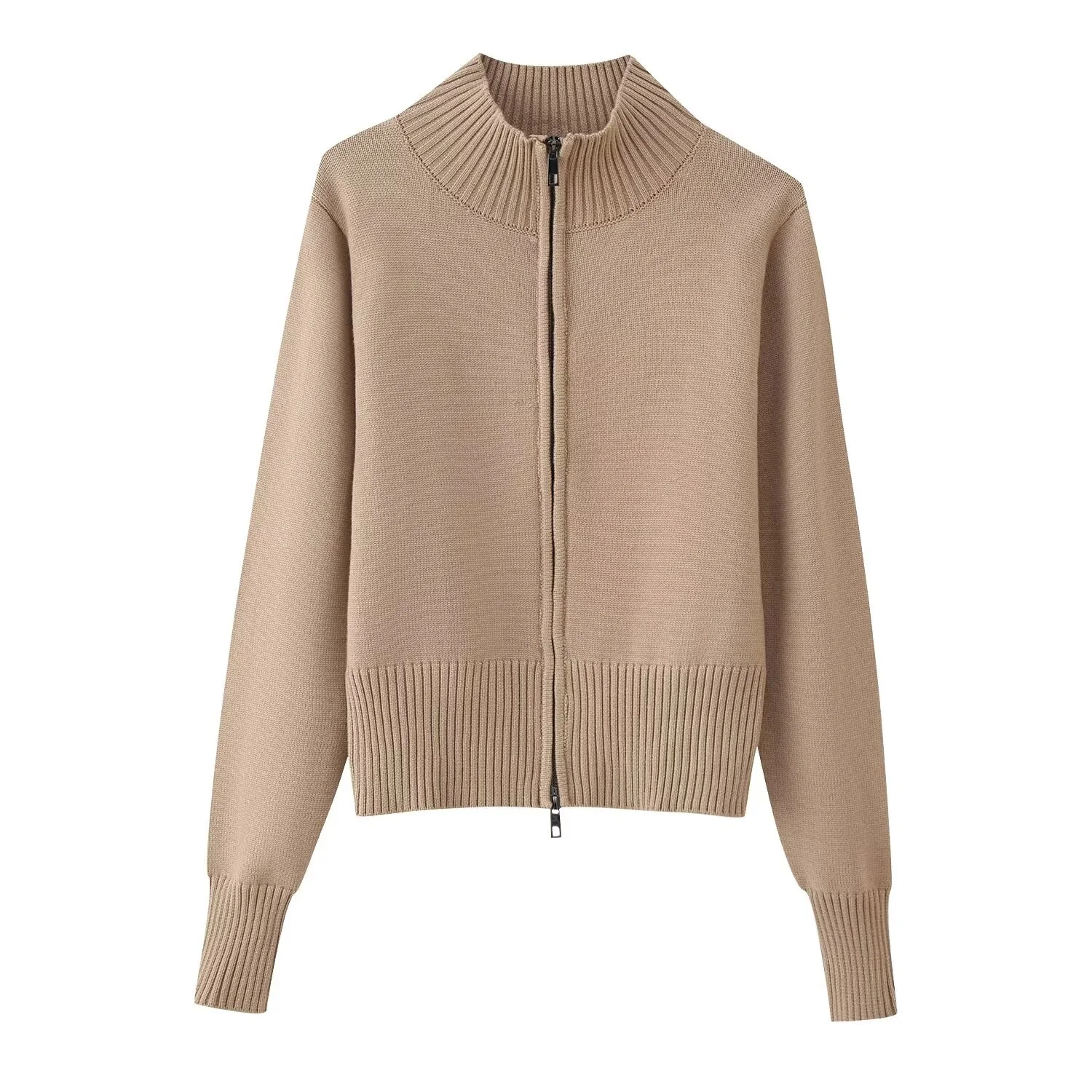 Women New Autumn Winter Zipper Knit Cardigan Female Fashion Stand Collar Double Zipper Korean Long Sleeve Solid Sweater Cardigan