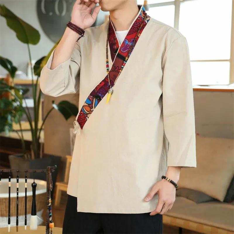 

2023 Kimono Japanese Style Men's Short Half-sleeved Shirt T-shirt Japanese Summer Yukata Feather Knitted Cardigan Clothing 5XL