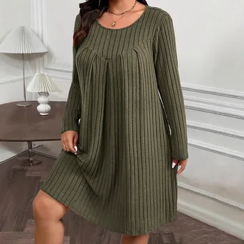 2025 Autumn/Winter Dress Women Fashion Plus Size Long Sleeve Dresses Casual Patchwork Loose Knitted Dress For Women Clothing 5XL