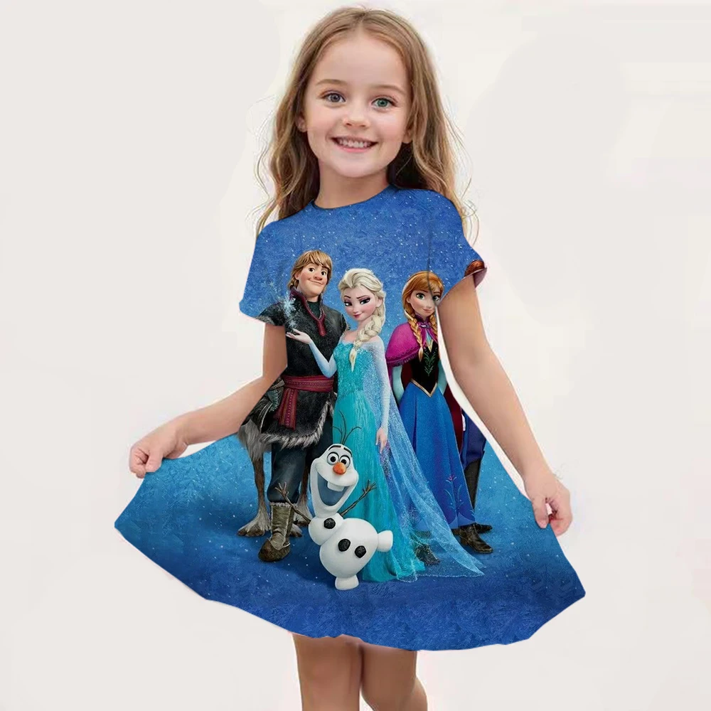 Cartoon Frozen Disneyland Trip Casual Dress For Little Girl Soft Princess Frock Kid Elsa Print Snow Queen A Line Summer Clothing