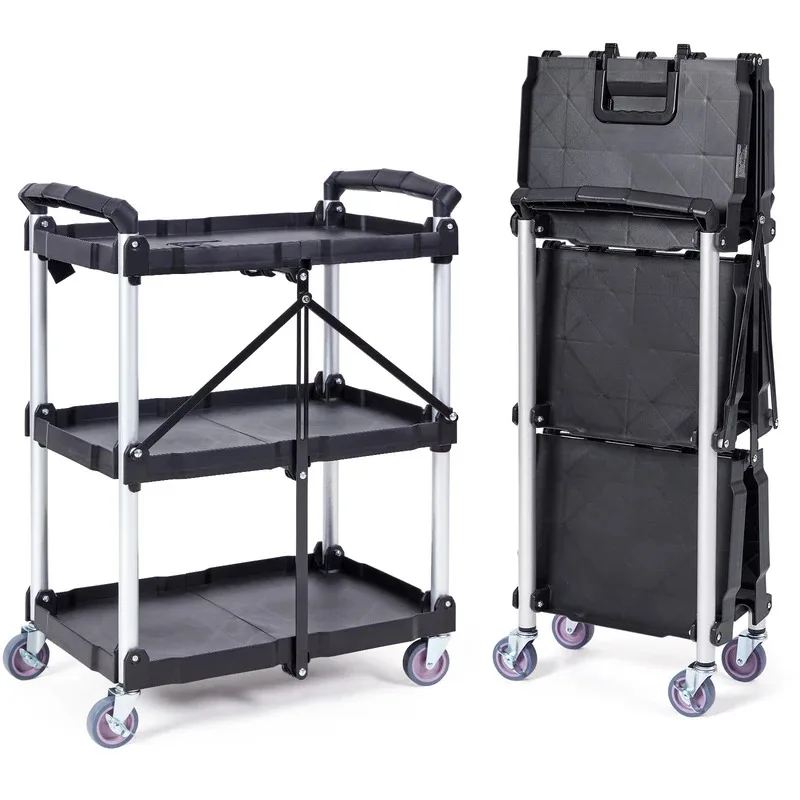 SucceBuy 3 Tier Folding Rolling Utility Cart Storage Shelf Movable Gap Rack Serving Cart Slide Organizer for Kitchen Bathroom