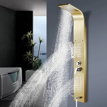 Shower Panel, Brushed Gold Nickel, 304 Stainless Steel, Waterfall Jets, Smart Shower Wall, Even Water Flow, Water Temperature 1