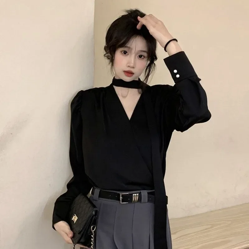 QWEEK Elegant and Youth Woman Blouses Office Lady Oversized White Shirts Chic Long Sleeve V-neck Tops Korean Review Many Clothes