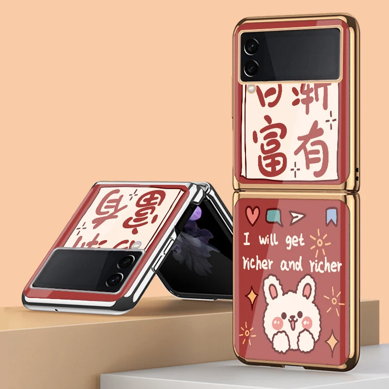 

Z Flip 4 Funda Case for Samsung Galaxy Z Flip 4 3 2 1 Getting Richer Plating Tempered Glass Coque Protection Phone Case Cover
