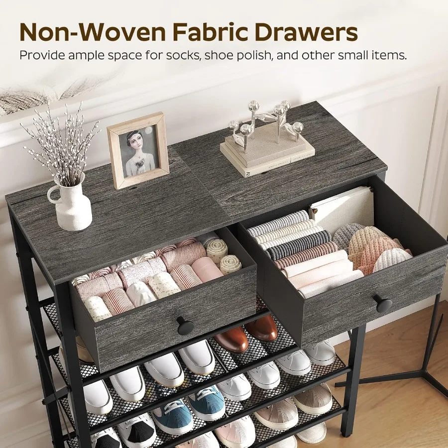 5 Tier Shoe Rack Large Capacity Shoe Storage Organizer Metal Shoe Shelf with Drawer and Wooden Top for 20 Pairs of Shoes for En