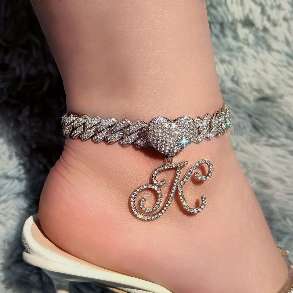 Initial Cursive Prong Cuban Link Chain Iced Out Anklet For Women