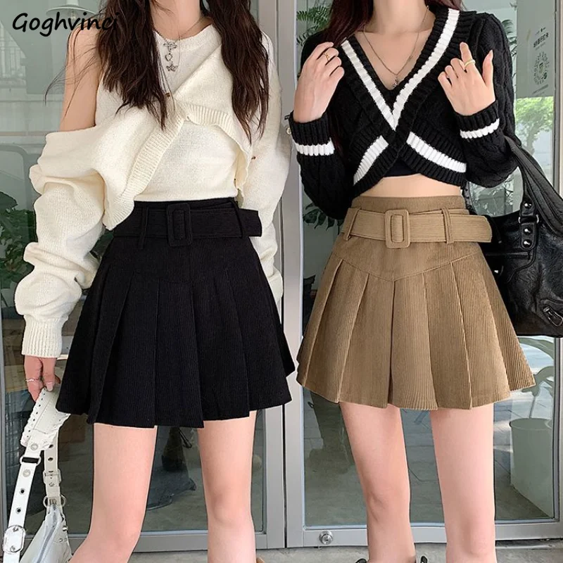 

Corduroy Skirts Women Autumn Solid Belt Pleated All-match High Waist Students Mini Korean Style Fashion Юбка Женская Casual New