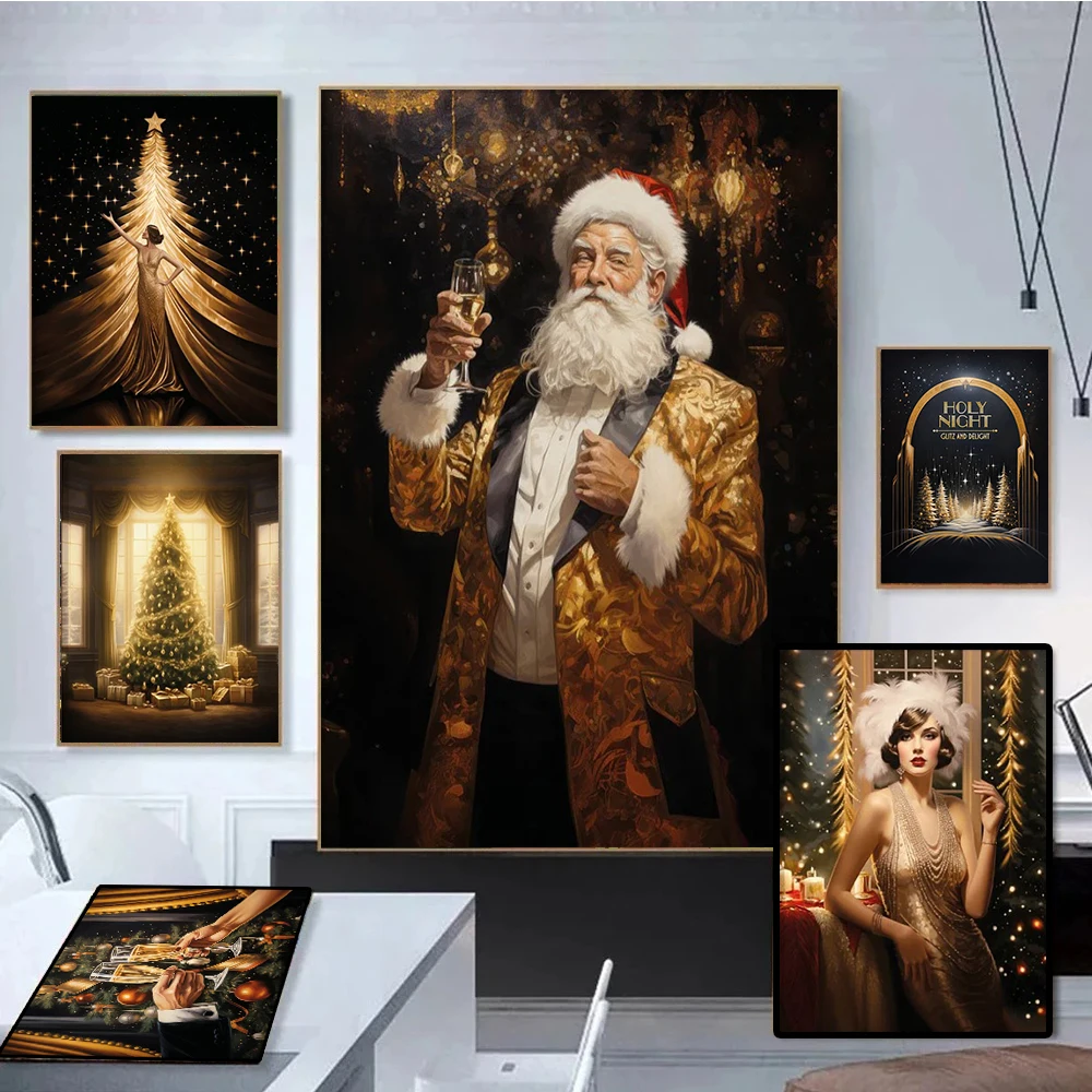 

Vintage Champagne Santa Claus Canvas Print Golden Christmas Tree Fashion Woman Art Posters Painting Home Party Decoration Gifts
