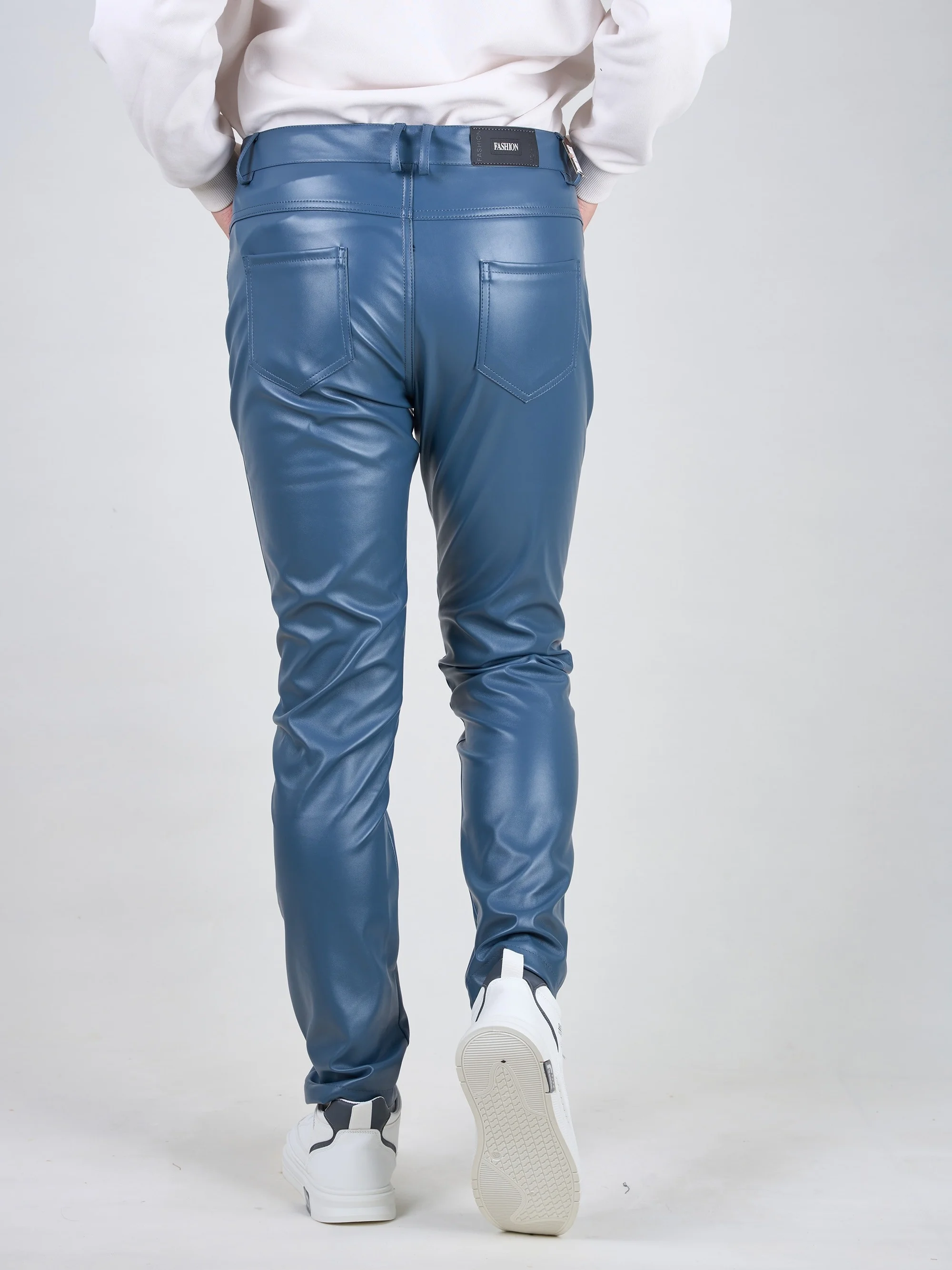 Spring and summer light and thin men's peacock blue leather pants, Engliand style daily men's pants