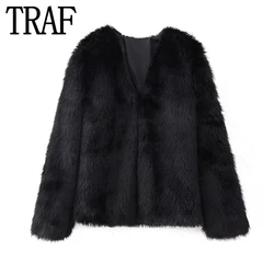 TRAF Furry Faux Fur Coat Women Luxury Black Fluffy Jacket Woman Cardigans Long Sleeve Winter Jacket For Women Elegant Coats