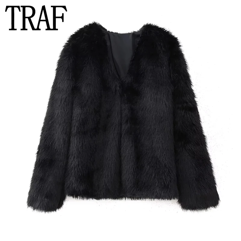 TRAF Furry Faux 모피 코트 여성용 럭셔리 블랙 푹신한 재킷, 여성용 가디건, 긴팔 겨울 재킷, 우아한 코트