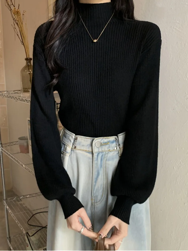 

2022 Lantern Sleeve Sweater Women Turtleneck Office Lady Pure Color Knitted Pullover Loose White Khaki Sweaters for Women