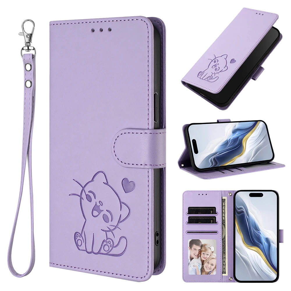 Cute Cat Leather Wallet Case with Card Holder - Stylish Phone Cover
