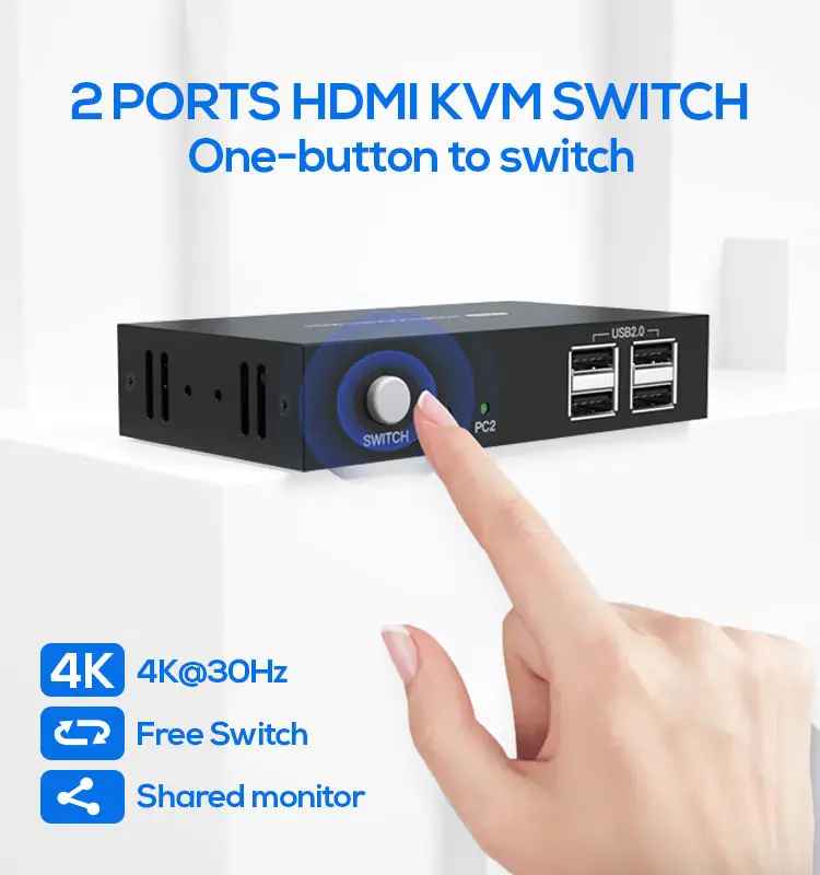 2X1 Hdmi Kvm Switch 4K 2 Porte Usb Kvm Switch 2 Pc 1 Monitor Kvm Switch Tastiera Mouse Condividi Supporto 4K X 2K @ 30Hz 3D 1080P
