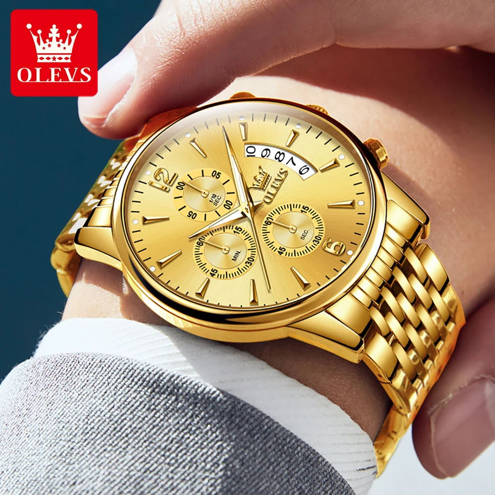 Olevs Merk Luxe Gouden Quartz Horloge Voor Heren Roestvrij Staal Waterdicht Sport Multifunctioneel Chronograaf Horloge Logio Masculino