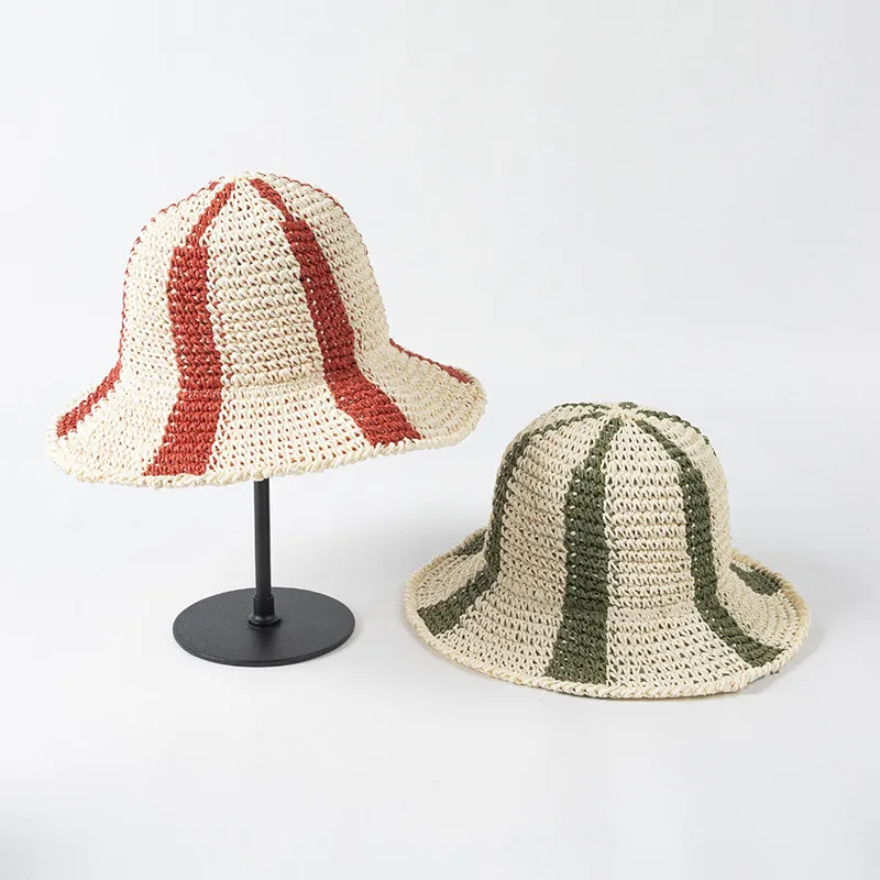 

Spring Summer New Hand Knitted Crochet Paper Grass Colorful Stripe Wide Eave Straw Hat Tourism Sunscreen fisherman's hat