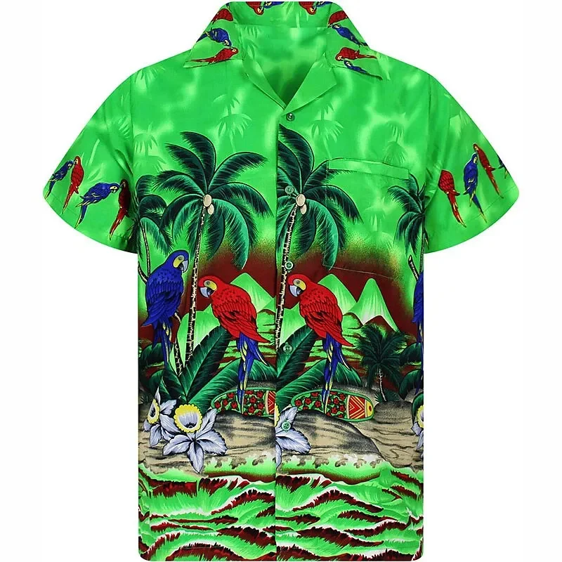 thumbnail image 1 of Camisetas hawaianas con estampado de loros en la playa para hombre, ropa de moda, camisetas de vacaciones de manga corta con estampado 3D de animales de cocoteros hawaianos, 1 of 5