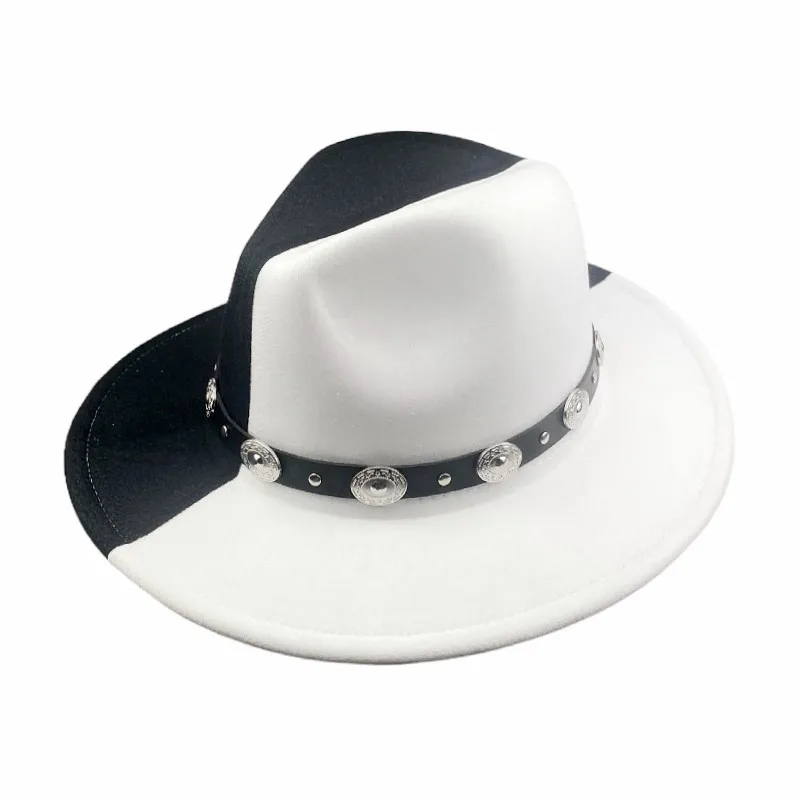 

Women Lady Two Tone Wide Brim Panama Hat Patchwork Colors Classic Fedora Hat with Belt Buckle