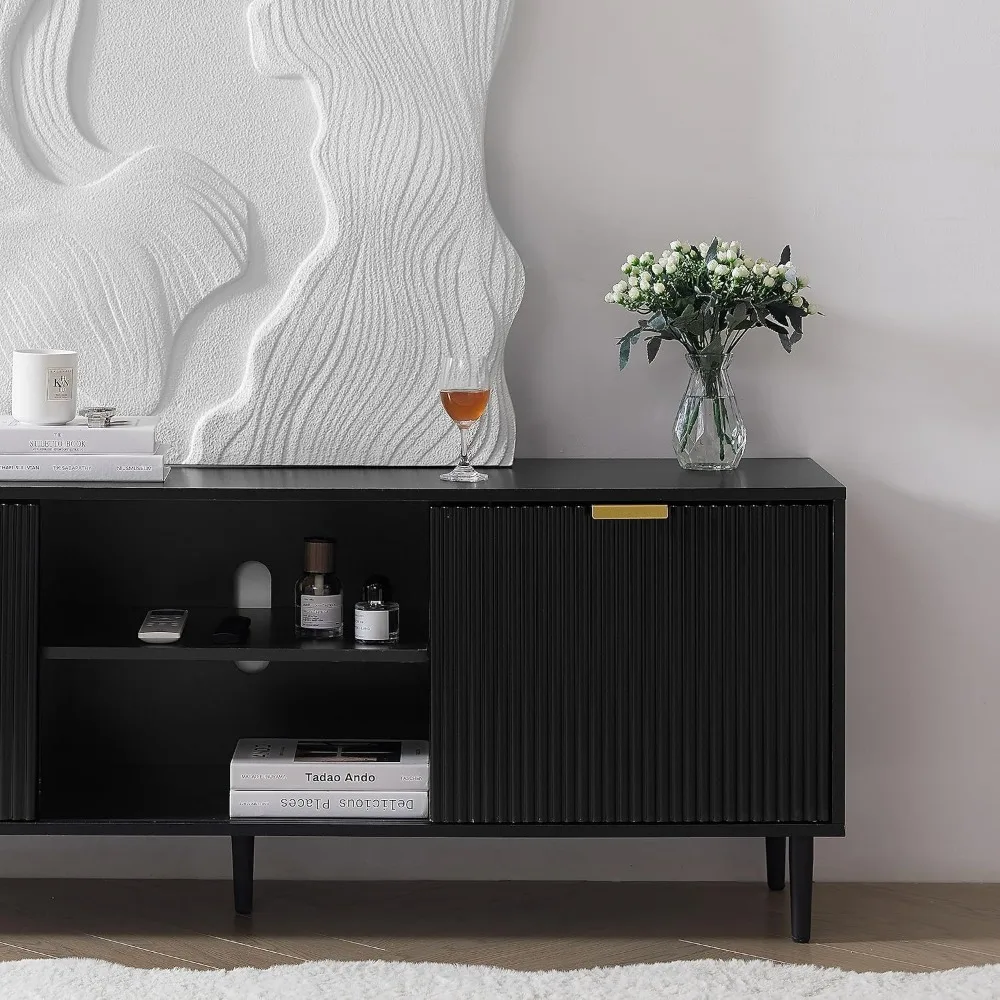 Black TV Stand, Modern TV Consoles for Living Room 65+ Inch TV, Fluted Panel Media Console with Sliding Doors & Ajustable Shelv 6